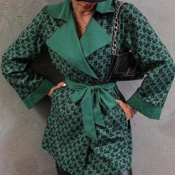 . Jackets & Blazers - contemporary geo print green black  belted mini trench coat minimalist